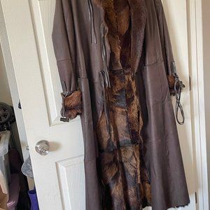 Full length hooded leather & fur coat
